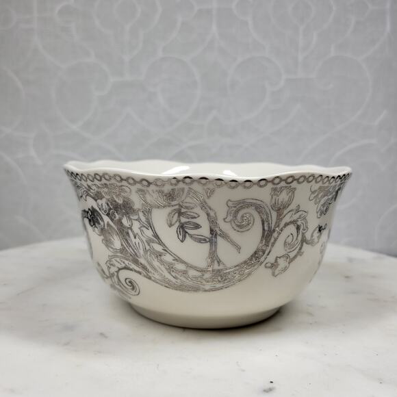 222 Fifth Adelaide Bowl 5.5" Silver Floral Bird White Porcelain Round Scalloped - Picture 3 of 14